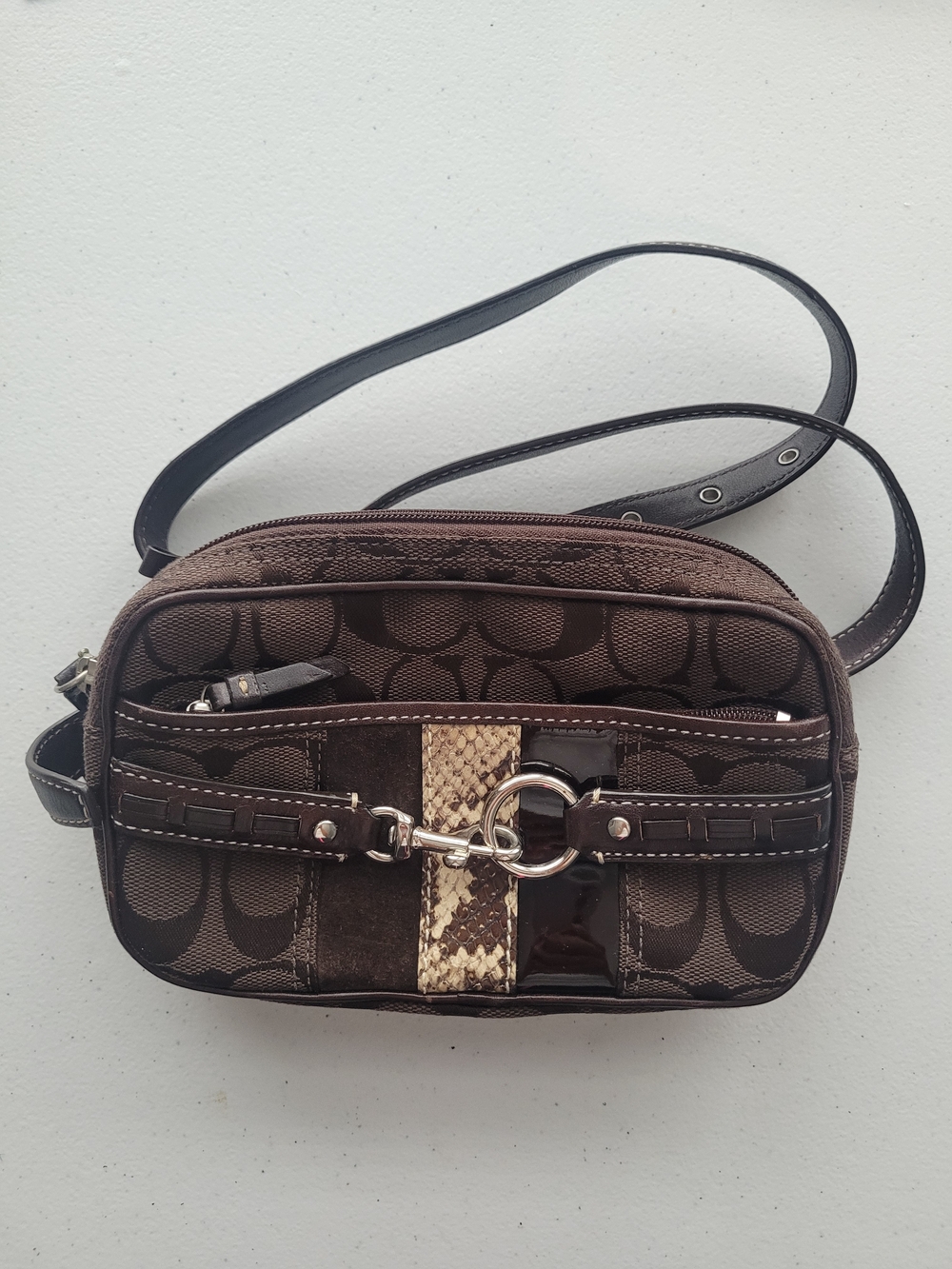 Vintage COACH Signature Canvas Belt Bag w Brown Leather & Snakeskin Accent Y2K
